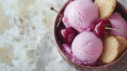 Wall Mural -  Three scoops of ice cream served with cherries and waffles, displayed in a copper bowl on a marble surface