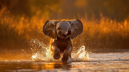 Wall Mural -   A baby elephant gracefully splashes through water, with its trunk raised high and head above the surface