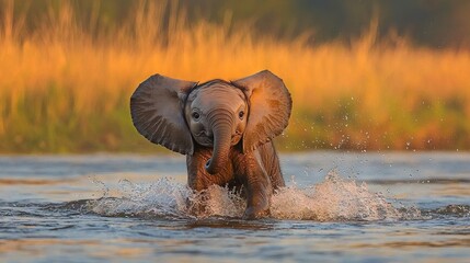 Wall Mural -   An elephant splashes in water with its trunk up and head above the surface