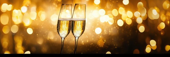 Global Champagne Day. Two glasses of sparkling wine on a gold festive background. Horizontal banner. Free space for text. For holiday poster, card, invitation, wedding, birthday, party, New Year