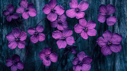 Poster -   A table with purple flowers on top, adjacent to a blue wooden wall in a room