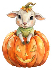 Poster - Cute Lamb Sitting on a Jack-o'-Lantern for Halloween - A cute lamb wearing a green sweater is sitting on a carved pumpkin, a symbol of fall, harvest, and Halloween.