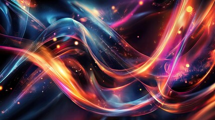 A colorful, abstract painting of a wave with bright orange and blue colors. The painting has a dreamy, ethereal quality to it, with the colors blending