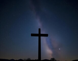 A Christian cross outlined against a starry night sky, with the Milky Way visible and a faint silhouette of mountains in the background create with ai