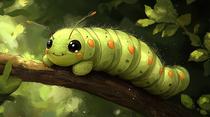 Wall Mural -   A detailed photo of a caterpillar on a tree branch surrounded by green leaves and water in the backdrop