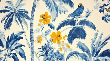 Wall Mural - A wallpaper pattern with blue and yellow tropical patterns, palm trees, birds, and flowers