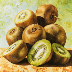 A painting of a bunch of kiwi fruit with one cut open. The painting has a mood of freshness and natural beauty