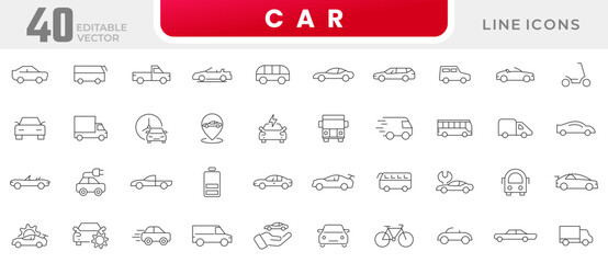 Car line icon collection. vehicle, electric car, transportation, taxi, road, race, automobile and car rental icon set. UI outline icon pack