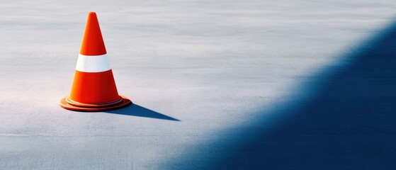 Single Orange Traffic Cone Casting Long Shadow on Pavement