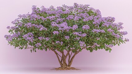 Poster -   A petite tree, adorned with vibrant purple blossoms, perches atop a pale pink backdrop, framing a soft pink panorama