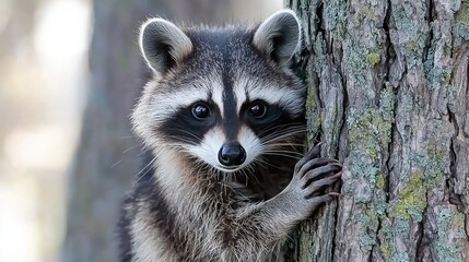 Canvas Print -   A raccoon scaling the tree's trunk for a loving embrace