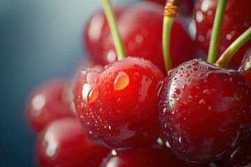 Red juicy sweet cherries. Juicy maroon fruit close-up. Cherries in magnification with light reflections. Sweet fruit with generative ai