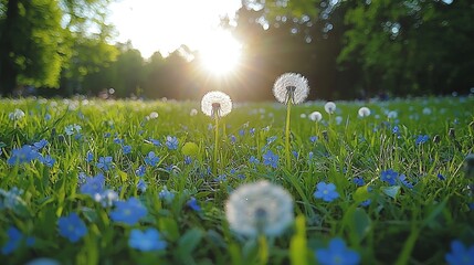   Two dandelions stand tall amidst a sea of green grass, while blue flowers bloom in the foreground The golden sun rises majestically behind them, casting a warm