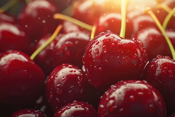 Red juicy sweet cherries. Juicy maroon fruit close-up. Cherries in magnification with light reflections. Sweet fruit with generative ai