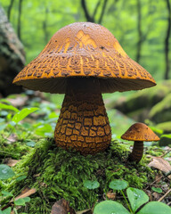 Two mushrooms growing in lush green forest during daytime. Two mushrooms emerge from moss in a vibrant forest, showcasing nature's beauty.