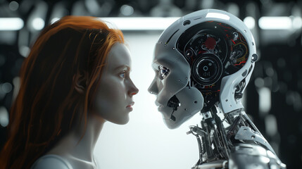 Futuristic Face-to-Face Woman and Robot Confrontation in Digital Environment