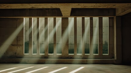 A minimalist interior with beams of light streaming through concrete walls, creating a serene and atmospheric space.