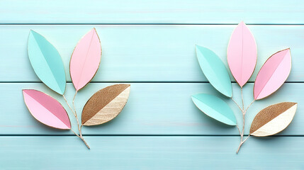 Wall Mural -   A pair of paper leaves rest atop a blue wooden table, adorned with a pink and green leaf