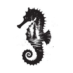 silhouette of Seahorse filled with destroyed futuristic dystopia environment in rough drawing