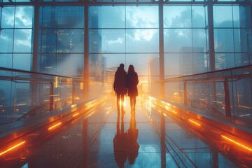 Couple walking on a bridge illuminated by orange lights in a modern city skyscraper at twilight