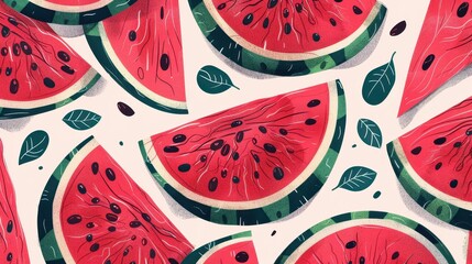 Colorful watermelon slices with leaves arranged on a light background