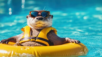 Wall Mural - A playful otter in sunglasses enjoying a summer day on a yellow float in a sparkling blue pool.