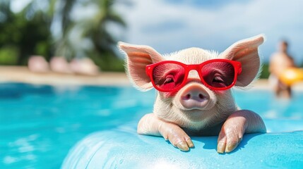 Wall Mural - A cute piglet wearing red sunglasses relaxes by the poolside, enjoying the summer sun.