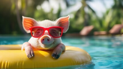 Wall Mural - A playful pig relaxes in sunglasses on a yellow float, soaking up the sun by a shimmering pool surrounded by greenery.