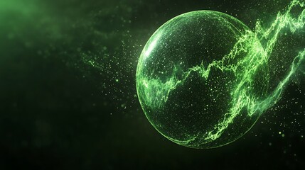 Abstract green sphere with glowing lines and particles on dark background.