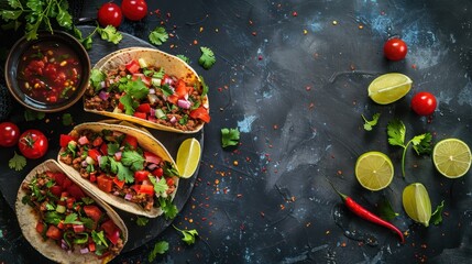 Delicious tacos with fresh ingredients and salsa arranged on a dark background