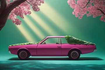 Wall Mural - A vibrant pink car adorned with greenery under blooming cherry trees, radiating a whimsical and surreal atmosphere.