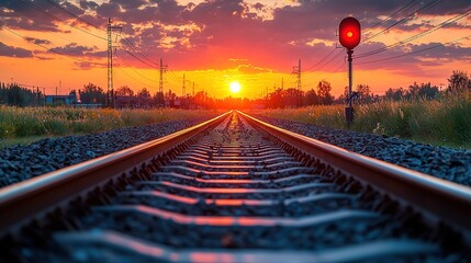 Wall Mural -   Train track with sunset and red stoplight in background