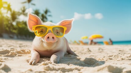 Wall Mural - A charming pink pig wearing bright yellow sunglasses lounges on a sunny beach, surrounded by tropical vibes and golden sand.