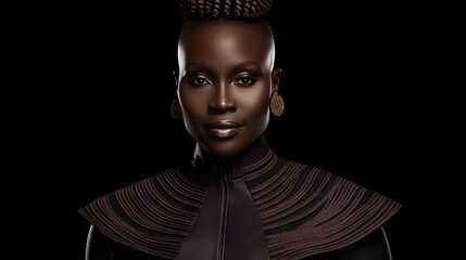 Portrait of a Confident Black Woman with Textured Clothing and Short Hair on Black Background