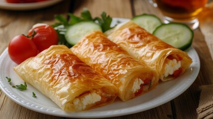 Wall Mural - Burek cheese-filled. Delicious and fresh, accompanied by a glass of tea and served on a white platter with tomatoes and cucumber.