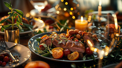 Sticker - A plate of fried meat with vegetables, illuminated by candlelight.