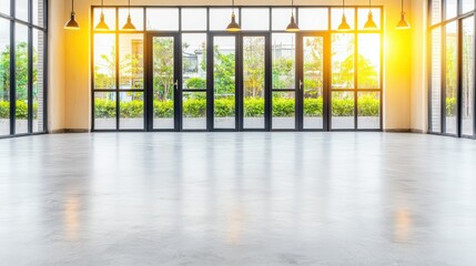 Wall Mural - Modern empty room with large windows, bright natural light, and a clean concrete floor, perfect for various design inspirations.
