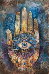 Watercolor Hand of Protection: Esoteric Amulet with Spiritual Symbols