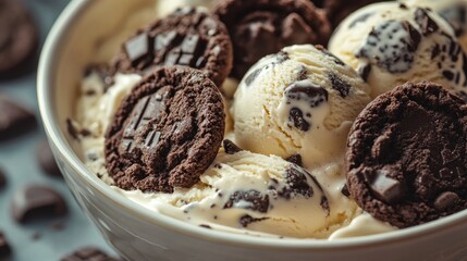 Wall Mural - Chocolate cookies and ice cream. Cream and cookies close-up of a homemade ice cream dessert