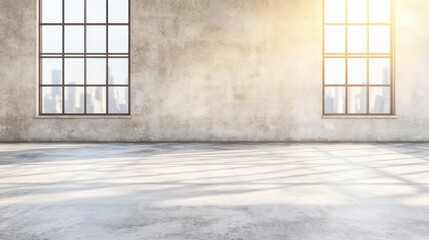 Wall Mural - Spacious, bright room with large windows and concrete walls, ideal for modern interior design projects or artistic photography.