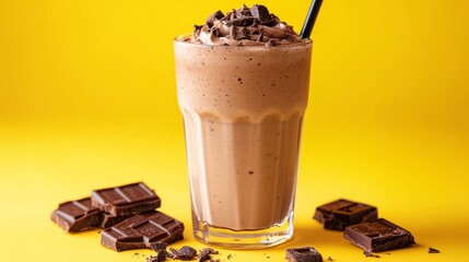 Wall Mural - Milkshake on a yellow backdrop with chocolate biscuit and cocoa in the glass.up close