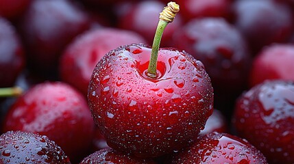   Cherry close-up with water drops and green stem