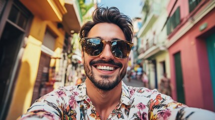 Happy young Caucasian man with sunglasses taking a selfie in a vibrant street, surrounded by colorful buildings.