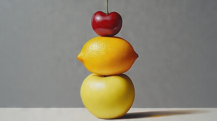 Poster -  An image of apples and oranges stacked on top of each other, with a cherry on top of the orange