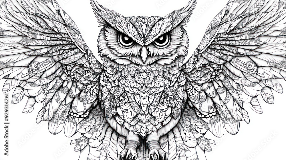 Intricate black and white illustration of an owl with detailed feathers ...