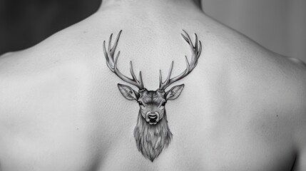 intricate black and white tattoo of a majestic stag on the back of a bare torso.