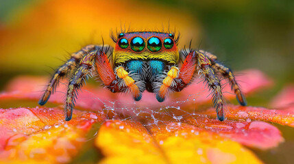 Wall Mural -   A close-up of a jumping spider on a flower with droplets of water on its legs and eyes
