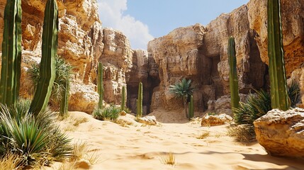 Wall Mural -   A picture of a desert with cacti, rocks lining the road, and bushes on the opposite side