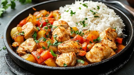 Wall Mural - bread, rice, and potatoes are served with sautéed chicken and vegetables.