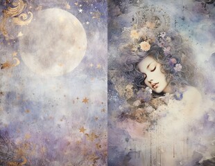 Ethereal two page background with moon flowers and a beautiful woman blue and purple space to write 